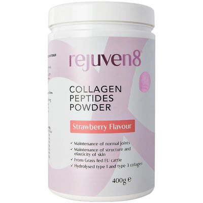 Rejuven8 Collagen Peptides Powder - 400g Strawberry Flavour - 26g of Collagen and 24g of Protein Per Serving - Grass Fed Bovine Collagen Powder for Women & Men - Protein Collagen Powder