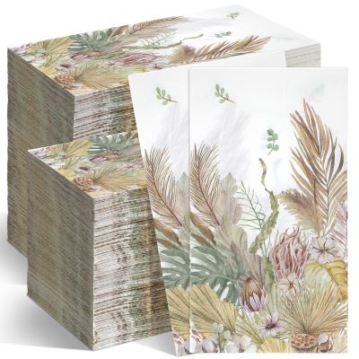 200 Pcs Boho Leaves Decorative Paper Napkins Floral Guest Hand Towels Tan Leaf with Floral Paper Napkins for Bathroom 2 Ply Disposable Hand Towels for Spring Baby Shower Holiday Party Supplies