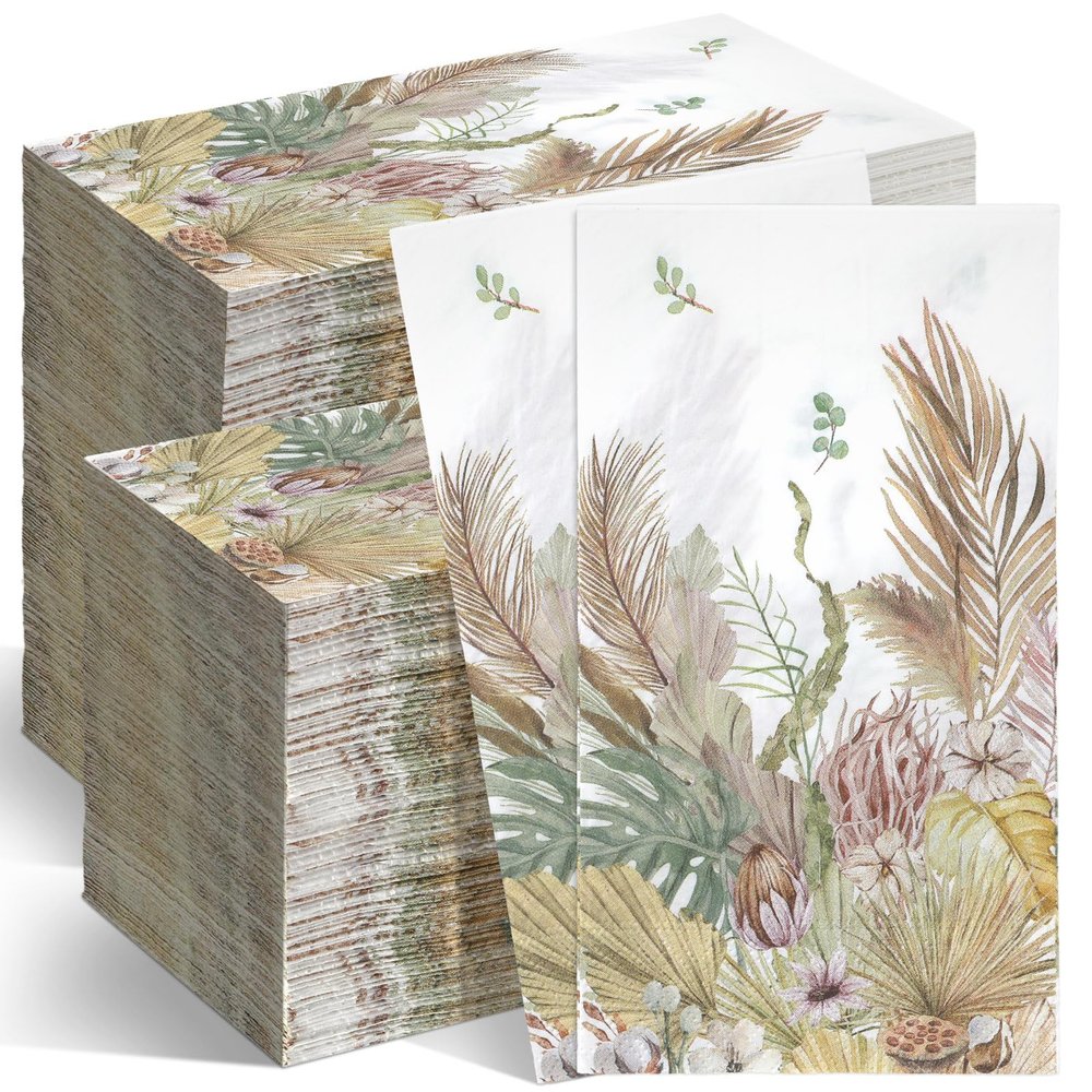 200 Pcs Boho Leaves Decorative Paper Napkins Floral Guest Hand Towels Tan Leaf with Floral Paper Napkins for Bathroom 2 Ply Disposable Hand Towels for Spring Baby Shower Holiday Party Supplies