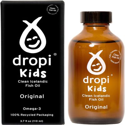 Dropi Kids Omega 3 Fish Oil Liquid - Maximum Strength Omega-3s EPA, DHA, Vitamin A & D - Extra Virgin Cod Liver Oil Food Supplement - Immune System, Brain Health & Joint Support - Original 110ml