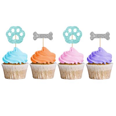 Dog Paw & Bone Cupcake Toppers, Puppy Baby Shower Cupcake Toppers, Puppy Themed Dessert Picks, Baby Girl/Boy Birthday Party Decoration - Blue & Silver Glitter