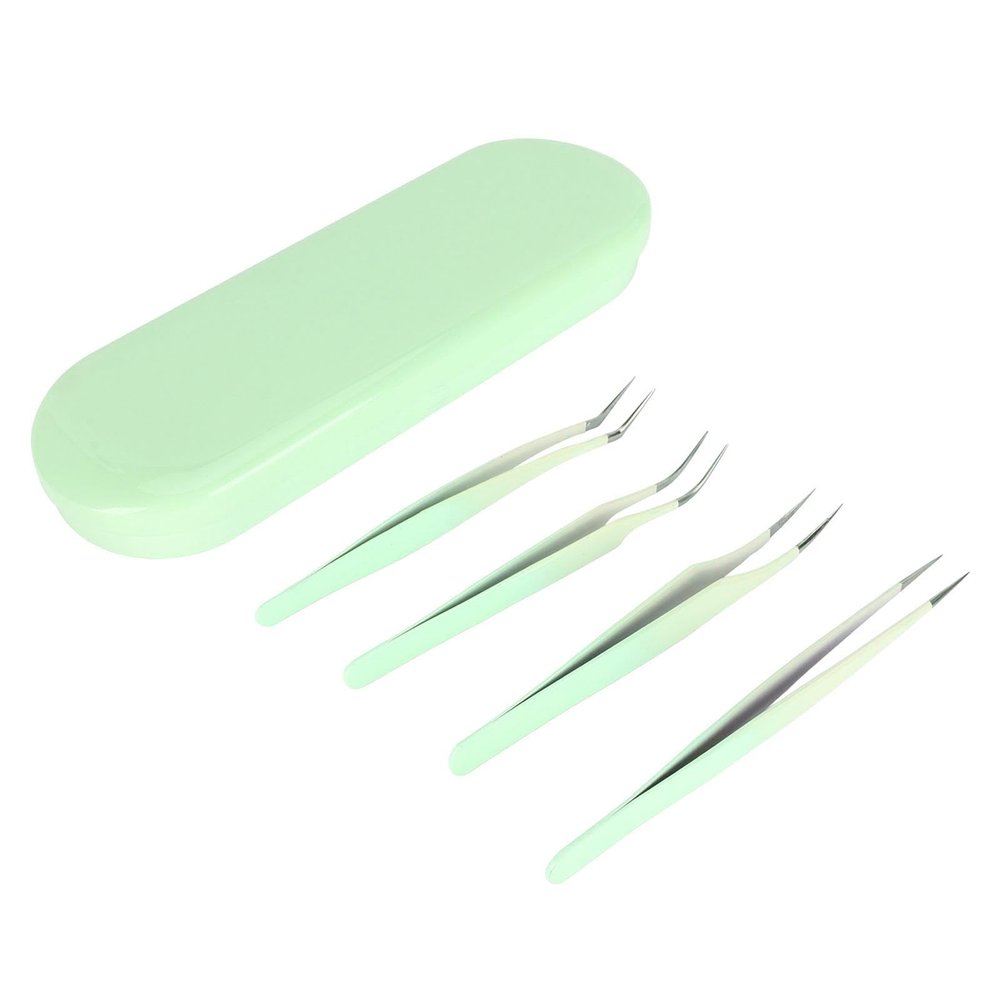 Eyelash Applicator Tweezers, Tight Bite Lightweight Ergonomic Tweezers Kit, 4Pcs Stainless Steel for Dorm Party (Green)