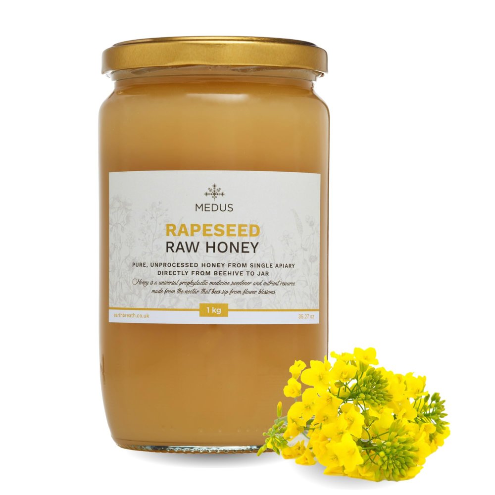 Earthbreath Rapeseed Raw Honey - Oilseed Canola - 1kg - Pure, Unprocessed, Unpasteurised - From Single Apiary - Natural Healthy Sweetener for Cooking, Coffe, Tea, Juice, Drinks, Food
