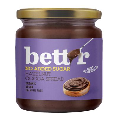 Bettr Hazelnut Cocoa Cream Without Added Sugar - 100% Organic, Vegan and Palm Oil Free - 250g