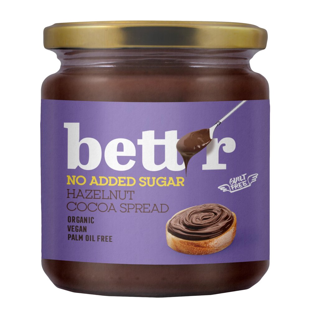 Bettr Hazelnut Cocoa Cream Without Added Sugar - 100% Organic, Vegan and Palm Oil Free - 250g