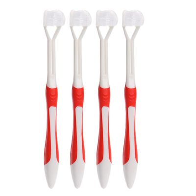 4 Pcs 3 Sided Toothbrush, Three Bristle Travel Toothbrush, Autism Sensory Toothbrush for Adult Teeth Care and Gum Care, Deep Cleaning Each Tooth (Red)