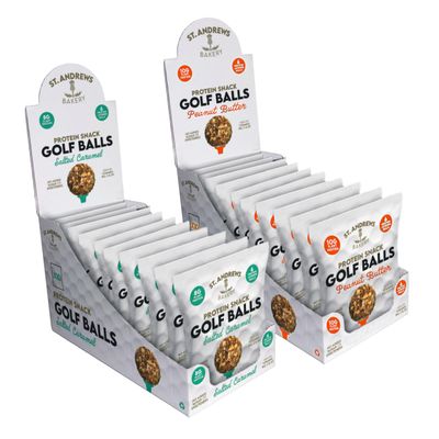 St. Andrews Bakery Golf Balls  20 Pack  Salted Caramel & Peanut Butter Protein Snacks  10x45g Each  Gluten Free  High Fibre Golf Snacks