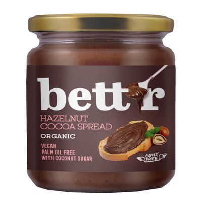 Bettr Hazelnut Cocoa Cream - 100% Organic, Vegan and Palm Oil Free. Sweetened with Coconut Sugar - 250g