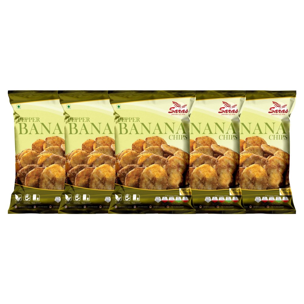 Saras Pepper Banana Chips 200g (Pack of 5) | Spiced to Perfection South Indian Snack | Crispy Delight with Authentic Flavour