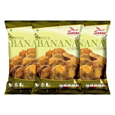 Saras Pepper Banana Chips 200g (Pack of 3) | Spiced to Perfection South Indian Snack | Crispy Delight with Authentic Flavour
