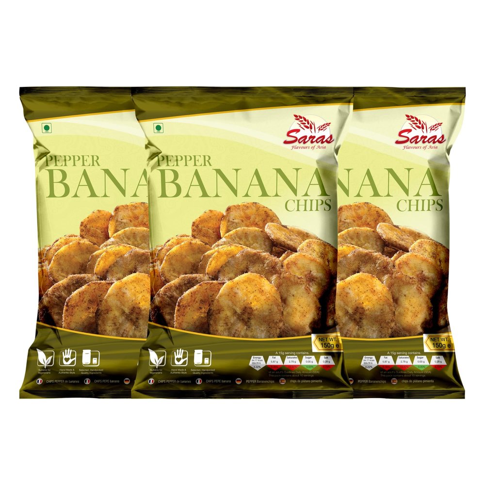 Saras Pepper Banana Chips 200g (Pack of 3) | Spiced to Perfection South Indian Snack | Crispy Delight with Authentic Flavour