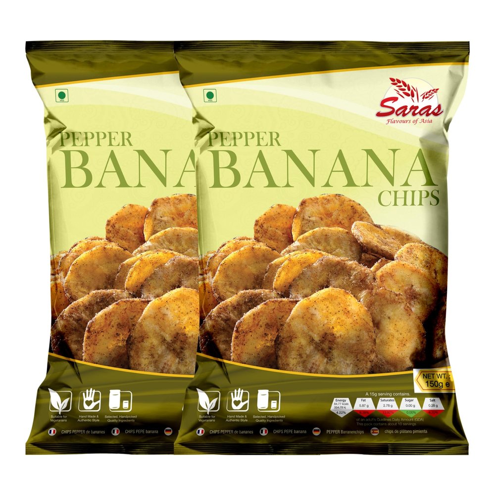 Saras Pepper Banana Chips 200g (Pack of 2) | Spiced to Perfection South Indian Snack | Crispy Delight with Authentic Flavour