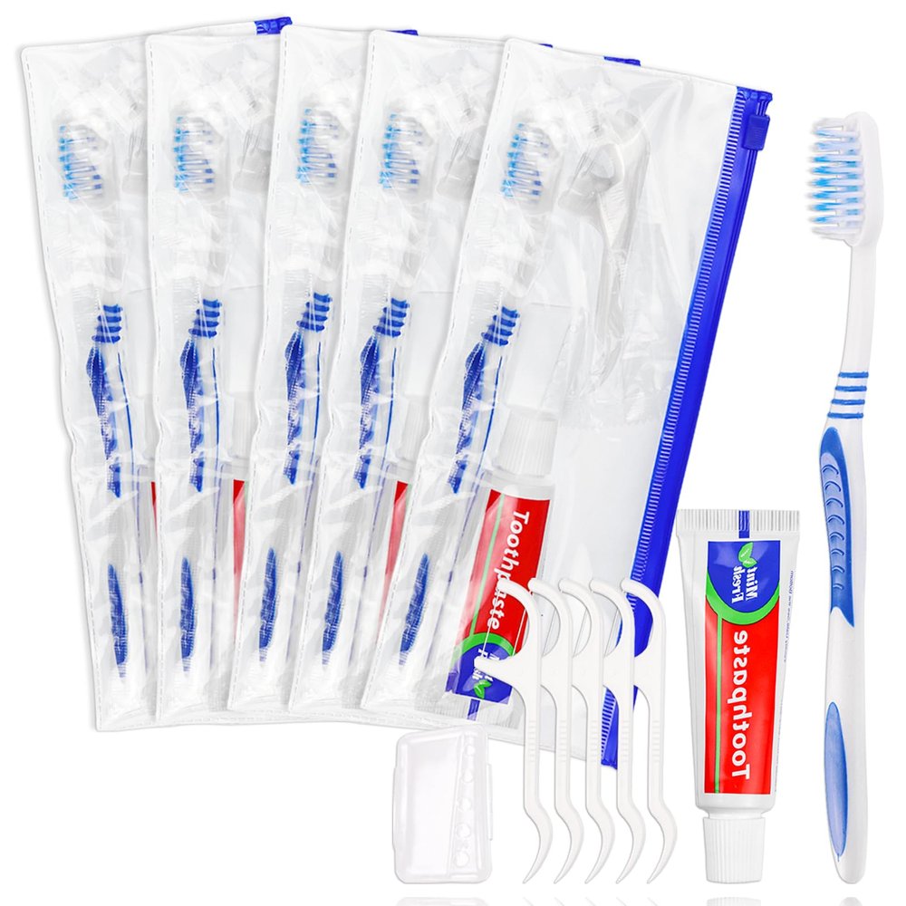 Disposable Toothbrushes with Toothpaste Individually Wrapped,Travel Kit with Plastic Zip Bag,Toothbrush Head Cover, Floss Pick,25gram Toothpaste,Bulk Toothbrush for Homeless,Travel,Hotel(Pack of 15)