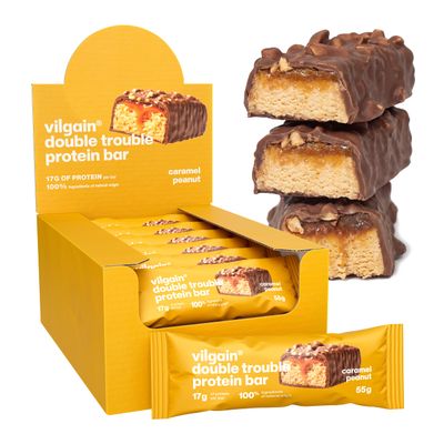 Vilgain Double Trouble Protein Bar (12x55g) Salted Caramel Peanut Two-layer nut bar with 16g of protein & stevia sweetness, Bar ideal for muscle building & snacking
