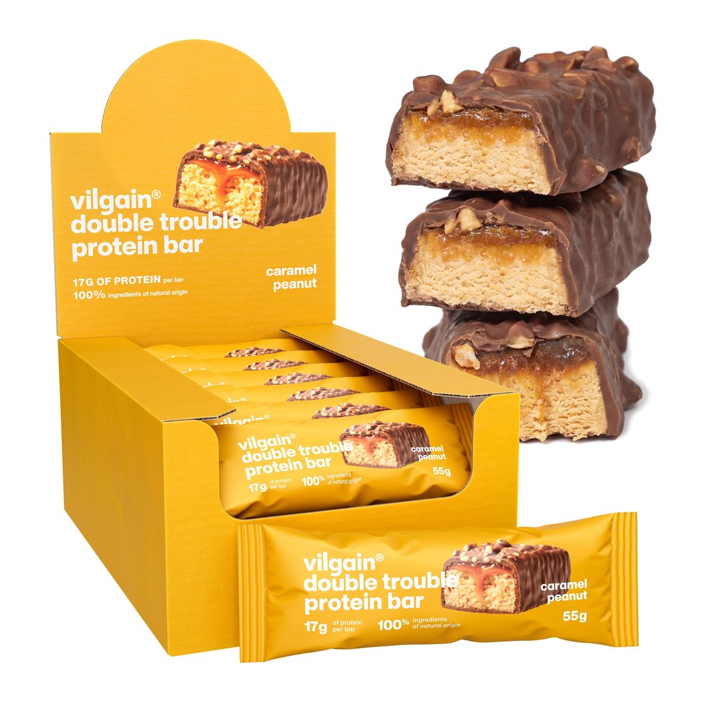 Vilgain Double Trouble Protein Bar (12x55g) Salted Caramel Peanut Two-layer nut bar with 16g of protein & stevia sweetness, Bar ideal for muscle building & snacking