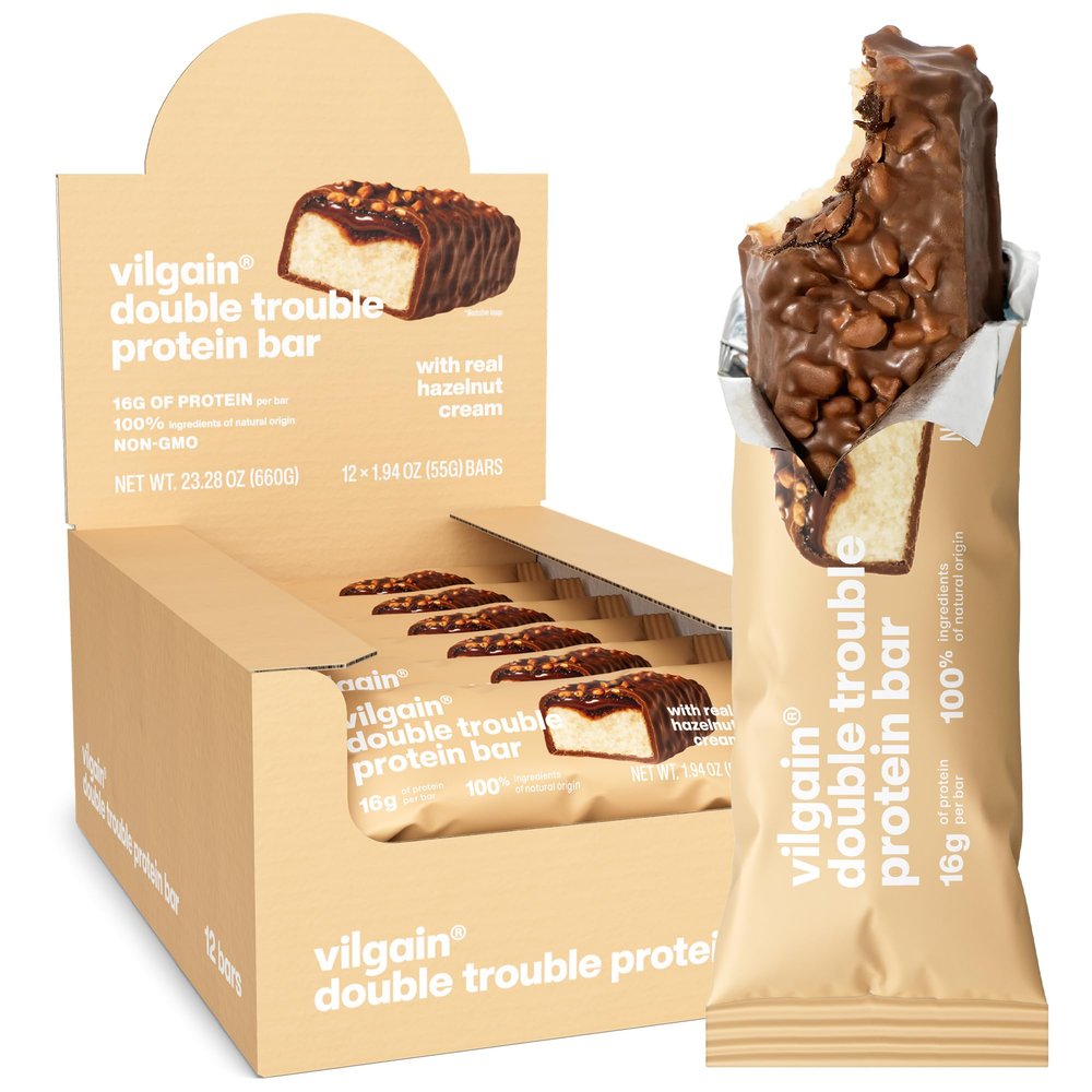 Vilgain Double Trouble Protein Bar | Two-layer nut bar with 29% protein & stevia sweetness | Bar ideal for muscle building & snacking (12x55g, Hazelnut)