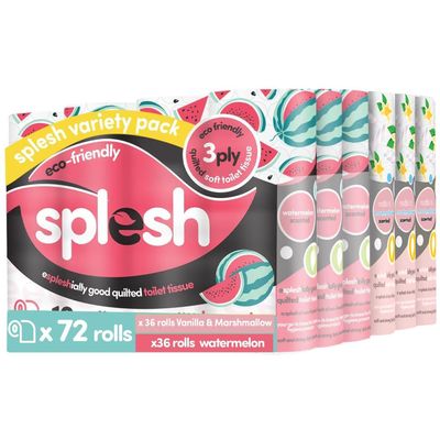 Splesh by Cusheen 3-ply Toilet Roll - Soft, Quilted Bulk Toilet Rolls, Eco-Friendly Toilet Tissue Loo Rolls, Made in UK - 72 Rolls (Vanilla 36s) & (Watermelon 36s)