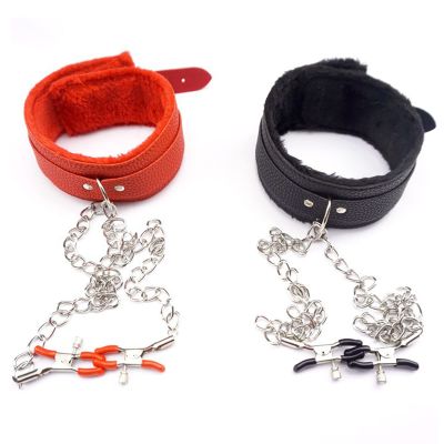 Breast Nipple Clamps Leather Collar Choker Necklace, Adjustable Non Piercing Nipple Jewelry,Nipple Clamps for Sex Pleasure Nipple Clips with Metal Chain (Black+Red)