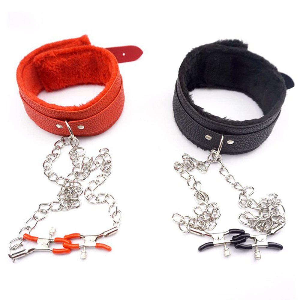 Breast Nipple Clamps Leather Collar Choker Necklace, Adjustable Non Piercing Nipple Jewelry,Nipple Clamps for Sex Pleasure Nipple Clips with Metal Chain (Black+Red)
