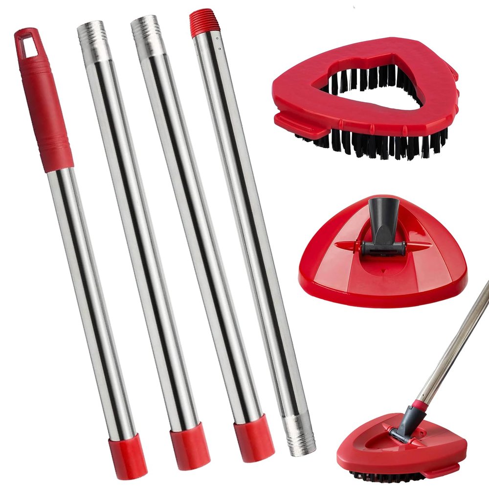 Fazlynyi Spin Mop Replacement Handle and Mop Base Replacements for O Cedar EasyWring 1-Tank Spin Mop System,4-Section Iron Mop Handle 30-58in and 1 Mop Base and 1 Scrub Brush Cover Set Combo, Red