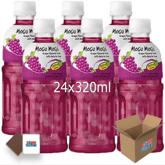 Mogu Mogu Flavored Drinks 24x320ml, GRAPE - Nata De Coco Juice - Refreshing Taste - Fun Drinking During Hot Summers Or Take Them On Trips & Picnics Boxed Treatz