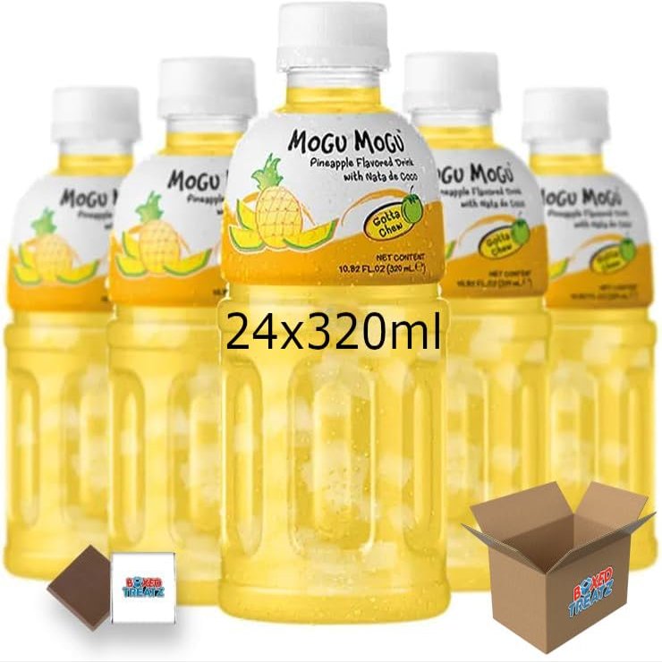 Mogu Mogu Flavored Drinks 24x320ml, PINEAPPLE - Nata De Coco Juice - Refreshing Taste - Fun Drinking During Hot Summers Or Take Them On Trips & Picnics Boxed Treatz
