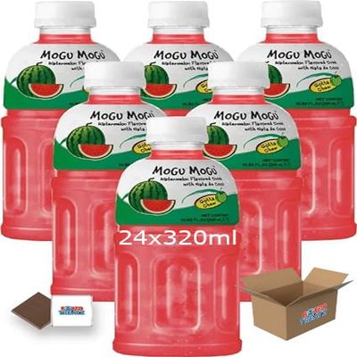 Mogu Mogu Flavored Drinks 24x320ml, WATERMELON - Nata De Coco Juice - Refreshing Taste - Fun Drinking During Hot Summers Or Take Them On Trips & Picnics Boxed Treatz