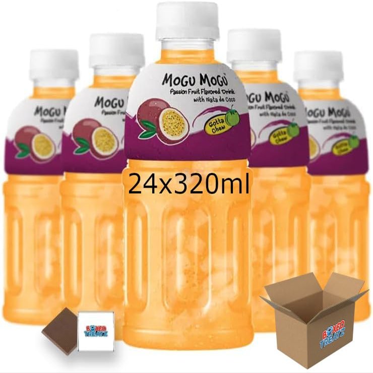 Mogu Mogu Flavored Drinks 24x320ml, PASSION FRUIT - Nata De Coco Juice - Refreshing Taste - Fun Drinking During Hot Summers Or Take Them On Trips & Picnics Boxed Treatz