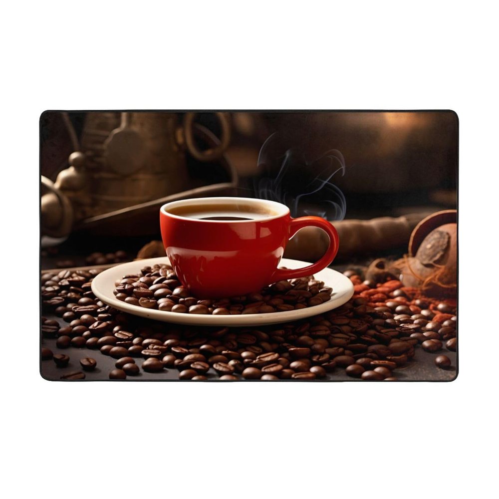 Flannel Carpet Coffee Cup and Coffee Beans Picture 60 x 39 in Non-Slip, Durable Suitable for Living Room and Office Bedroom