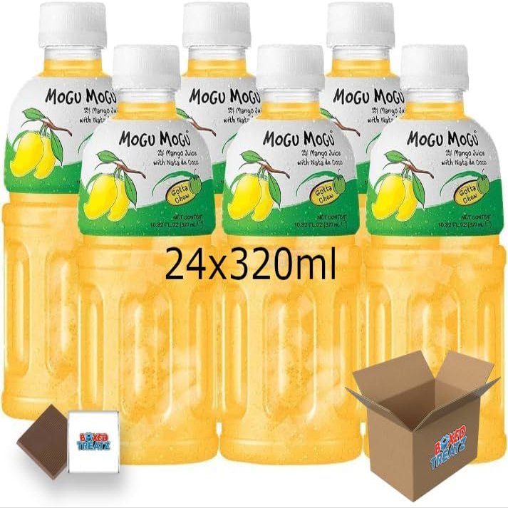 Mogu Mogu Flavored Drinks 24x320ml, MANGO - Nata De Coco Juice - Refreshing Taste - Fun Drinking During Hot Summers Or Take Them On Trips & Picnics Boxed Treatz
