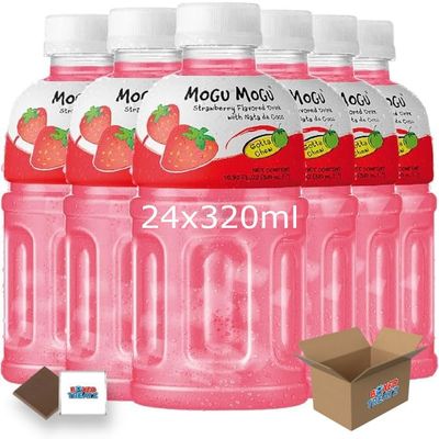 Mogu Mogu Flavored Drinks 24x320ml, STRAWBERRY - Nata De Coco Juice - Refreshing Taste - Fun Drinking During Hot Summers Or Take Them On Trips & Picnics Boxed Treatz