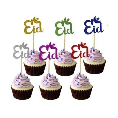 10 Eid Mubarak Cupcake Toppers, Coloured Glitter Eid Cupcake Toppers, Eid Cake Toppers, Eid Cupcake Charms, Eid Cake Decorations UK.
