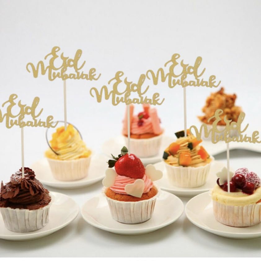 10 Gold Eid Mubarak Cupcake Toppers, Glitter, Cake Topper, Charms, Crafts, Gift Wrapping, Decorations. (Gold)