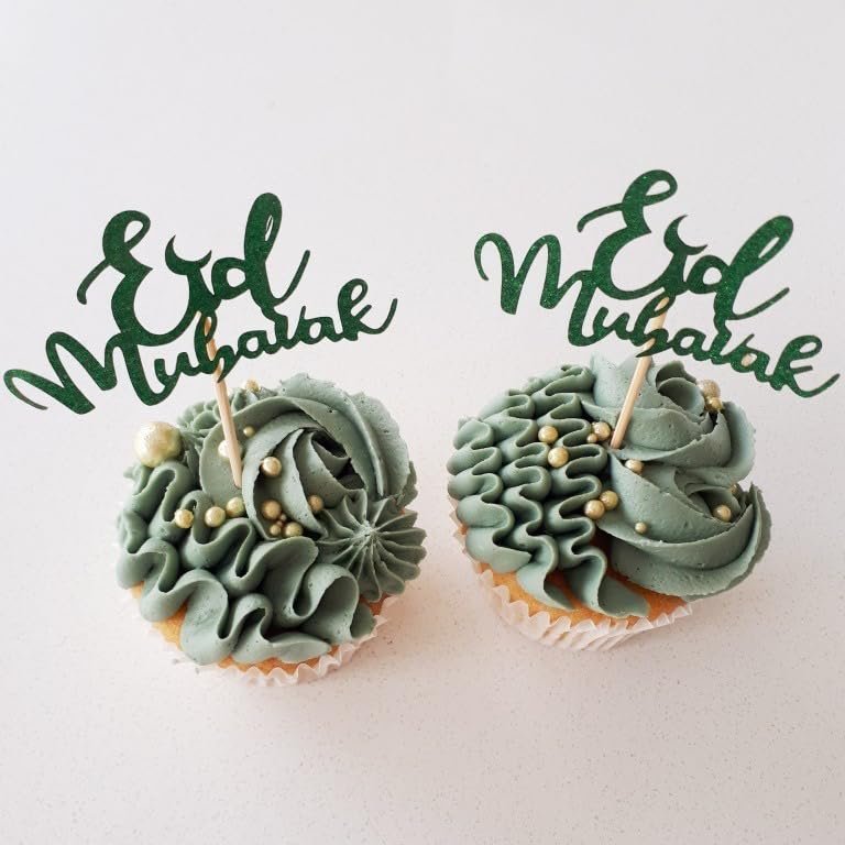 10 Eid Mubarak Cupcake Toppers, Green Glitter, Cake Topper, Charms, Crafts, Gift Wrapping, Decorations.