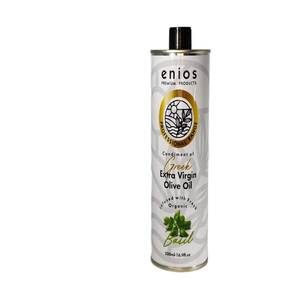 Enios Basil Infused Greek Extra Virgin Olive Oil 500ml. 100% Natural. No flavourings. No preservatives. No essential oils. No chemicals. No floating 'bits'. Absolutely nothing artificial!