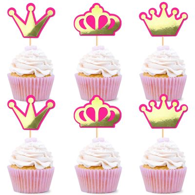 Ercadio 24 Pack Princess Crown Cupcake Toppers Glitter Baby Shower Crown Cupcake Picks Wedding Girls Birthday Party Cake Decorations Supplies Crown Pink