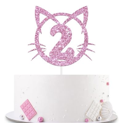 YHEZXUN Cat 2 Cake Topper, 2nd Birthday Cake Decoration, Pet Cat Kitty Theme Two Years Old Cake Topper Pink Glitter Cute Party Supplies
