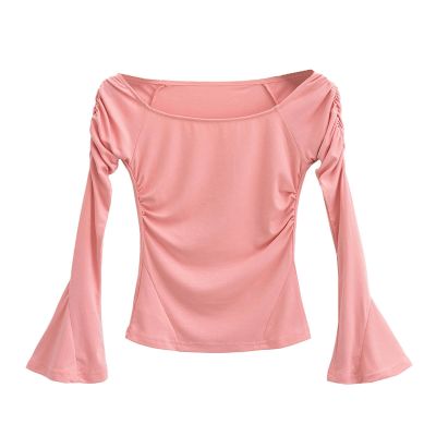 One-Shoulder Trumpet Long-Sleeved T-Shirt for Women in Autumn New Tight-Fitting Pleated Slimming top-Pink-M