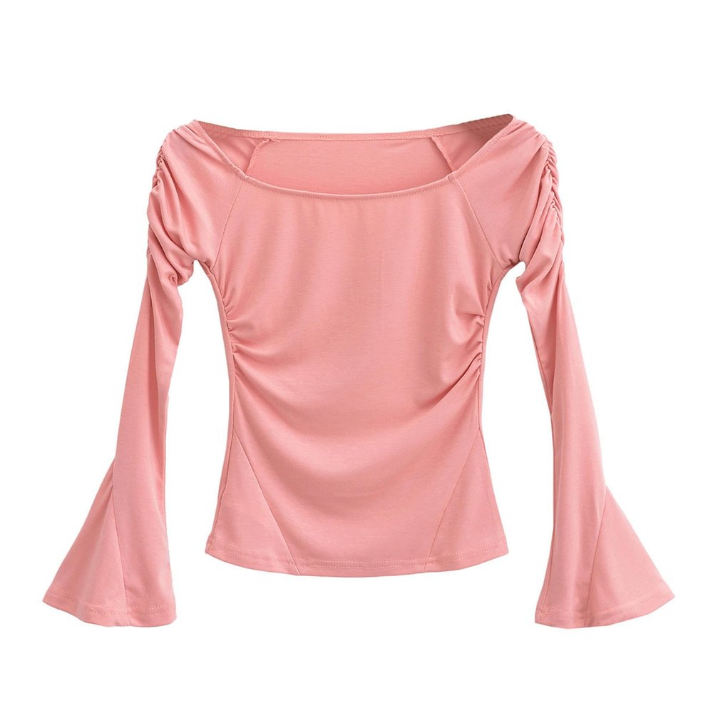 One-Shoulder Trumpet Long-Sleeved T-Shirt for Women in Autumn New Tight-Fitting Pleated Slimming top-Pink-M