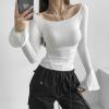 One-Shoulder Trumpet Long-Sleeved T-Shirt for Women in Autumn New Tight-Fitting Pleated Slimming top-Pink-M view 2
