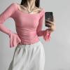 One-Shoulder Trumpet Long-Sleeved T-Shirt for Women in Autumn New Tight-Fitting Pleated Slimming top-Pink-M view 3