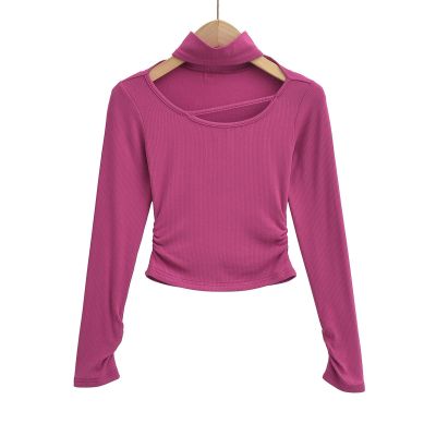 Half turtleneck hollow fleece long-sleeved bottoming shirt for women in autumn and winter with slimming top-Purple-M