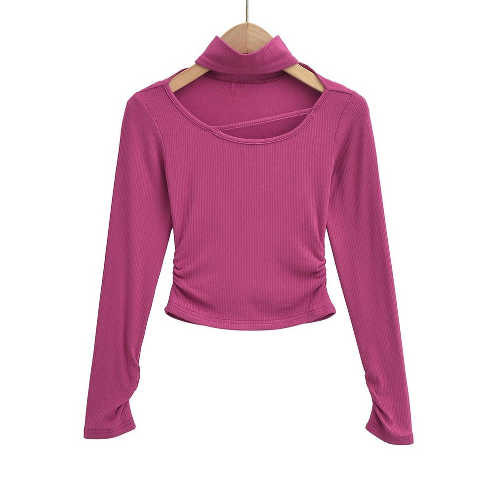 Half turtleneck hollow fleece long-sleeved bottoming shirt for women in autumn and winter with slimming top-Purple-M