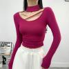 Half turtleneck hollow fleece long-sleeved bottoming shirt for women in autumn and winter with slimming top-Purple-M view 2