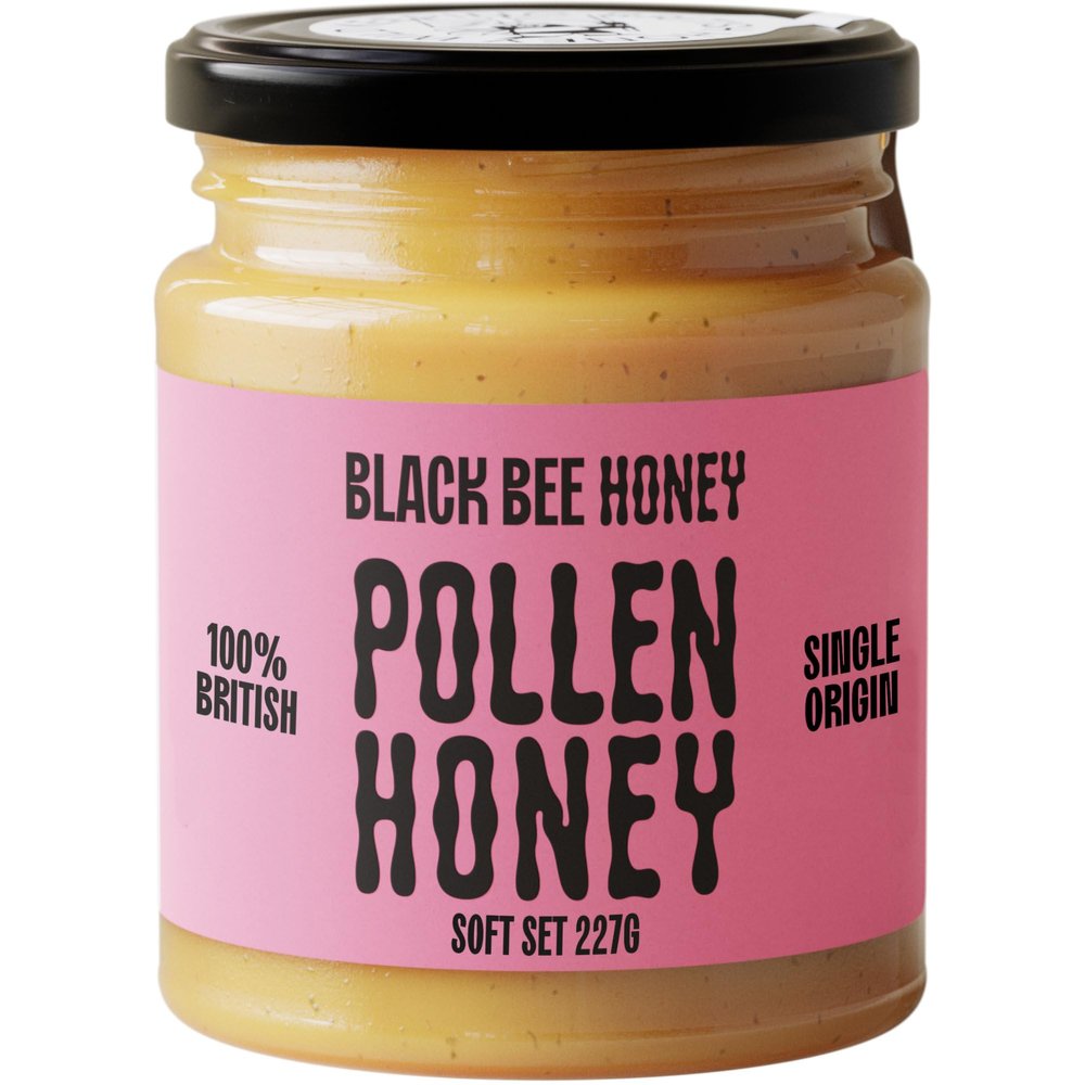 Black Bee Honey - Pure British Spring Honey with Bee Pollen Granules, Soft-Set Unprocessed, Single Source from Hive to Jar, Never Blended - Delicious on Toast or Soothing in Drinks, 227g Glass Jar