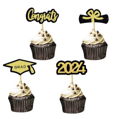 2024 Graduation Decorations Cake Toppers Set of 12, Gold Black Glitter Congrats Grad 2024 Cupcake Toppers Grad Caps & Diploma Cake Toppers 2024 Graduation Party Cake Decorations Supplies