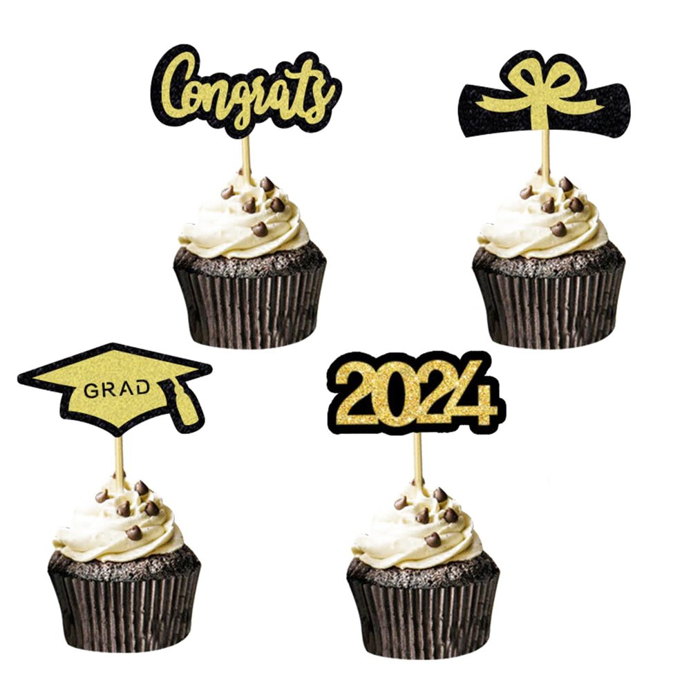 2024 Graduation Decorations Cake Toppers Set of 12, Gold Black Glitter Congrats Grad 2024 Cupcake Toppers Grad Caps & Diploma Cake Toppers 2024 Graduation Party Cake Decorations Supplies