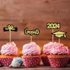 2024 Graduation Decorations Cake Toppers Set of 12, Gold Black Glitter Congrats Grad 2024 Cupcake Toppers Grad Caps & Diploma Cake Toppers 2024 Graduation Party Cake Decorations Supplies view 4