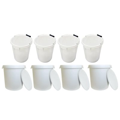 25Litre White Plastic Bucket Hard Wearing Bucket Storage Unit Container Mixing Bucket Animal Feed Wash System Fermentation Home Brew (4x Bucket with Tamper Evident Lid and 4x Bucket with Metal Handle)