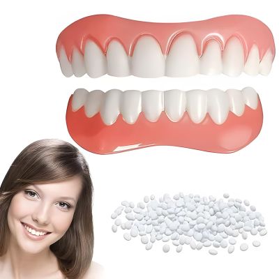 1 Pair of Snap-On Dentures Set, Comfortable Silicone False Teeth for Upper & Lower Jaw, Instant Smile Enhancer for Men Women with Bad Teeth, Temporary Veneer False Teeth for Interviews Dates Parties